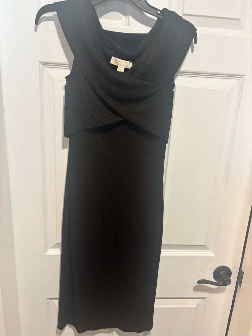 Michael Kors Black Sleeveless Ribbed Midi Dress with Draped Bodice NWT